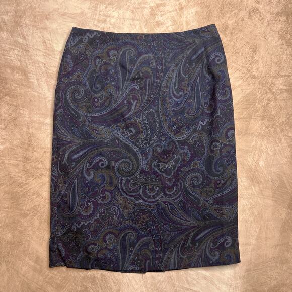 Vintage 90s Smart Parts Paisley Rocaille Print Midi Pencil Skirt Navy Whimsigoth - Picture 1 of 5